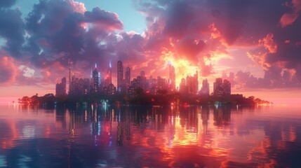 Naklejka premium Surreal cityscape with floating gardens neon lights under twilight sky