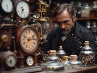 Steampunk vampire inventor in a clockwork laboratory Gears and fangs Victorian innovation