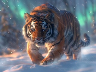 Tiger with aurora borealis stripes prowling the Arctic night Mystical predator