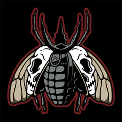 vector artwork illustration tracing of insect beetle body grenade and wings skull head