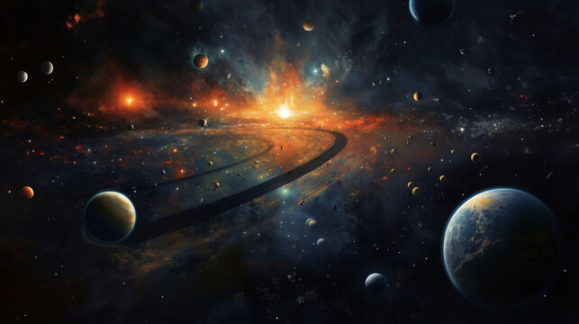 A painting of the solar system with its planets.