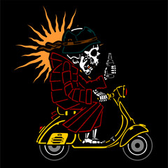 illustration vector of skeleton skull wearing jacket and helmet riding scooter bike	
