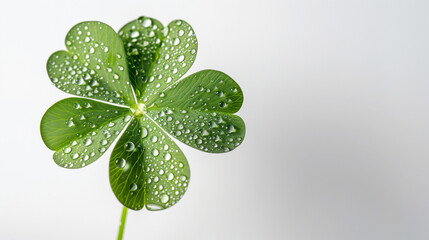 Lucky Four-Leaf Clover with Water Droplets on White Background, Symbol of Good Luck, Nature's Freshness Represented, Green Lucky Leaf, Pure Serenity and Good Fortune Concept, Sparkling Droplets on Lea - obrazy, fototapety, plakaty