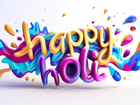 vibrant happy holi text celebration colorful 3d typography art