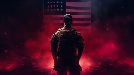 Fototapeta na wymiar Heroic Soldier in Battle Smoke - American Flag Illuminating the Bravery
