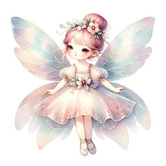 A delicate watercolor captures the enchanting essence of a cute fairy, radiating ethereal beauty and magical charm.