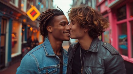lgbt couple of men different nationalities hugging and kissing. Same-sex love