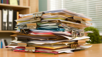 Close-up of a large stack of paperwork with binder clips on a wood desk