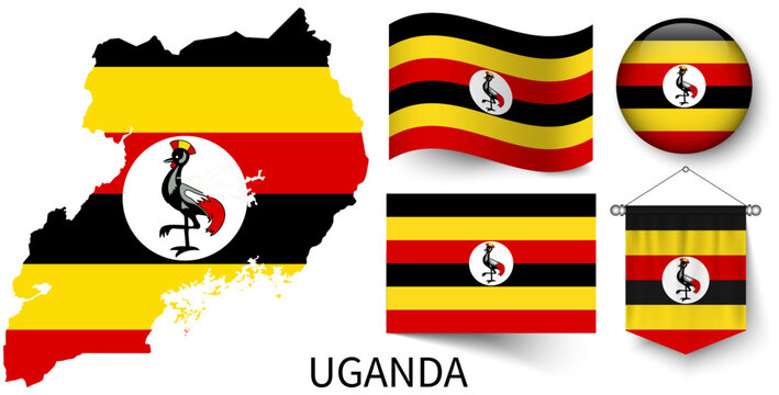 The various patterns of the Uganda national flags and the map of Uganda's borders