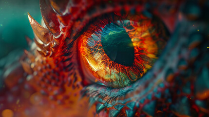 Close-up of Vibrant Dragon Eye. Detailed macro shot of a colorful dragon's eye, capturing the...