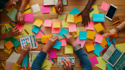 Сlose-up view of several hands collaboratively working on a project with colorful sticky notes, papers, and digital devices on a wooden table