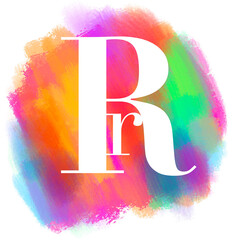 Alphabet on multicolored paint background, white letter R, uppercase and lowercase type font - obrazy, fototapety, plakaty