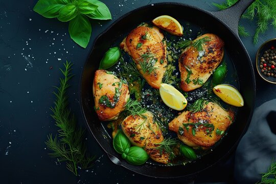 Oven Roasted Greek Chicken Quarters in a Cast Iron Skillet Pieces of chicken marinated in Greek yogurt lemons and herbs. Creative Banner. Copyspace image