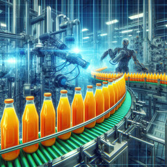 A vivid display of food industry automation, with a stream of orange juice bottles on a factory conveyor system.