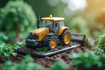 An agricultural tractor stands on a smartphone around a plant. The concept of agricultural management. 3d illustration