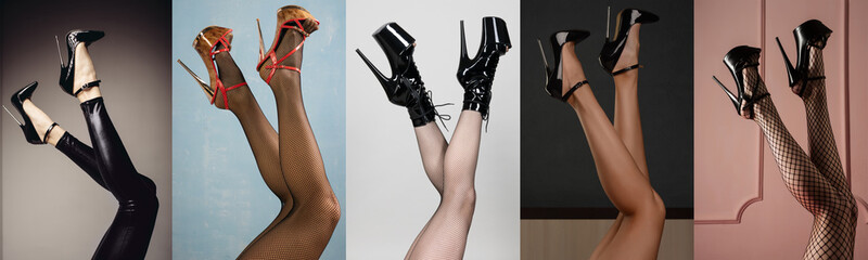 Set of five images beautiful female legs in a fetish shoe with high heels.