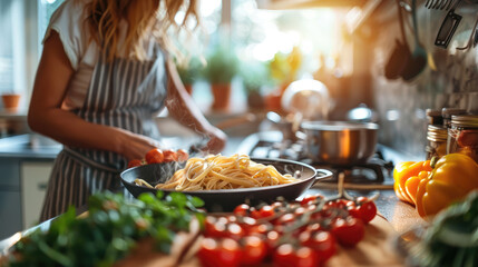 A person prepares a delicious spaghetti dish in a cozy home kitchen, surrounded by fresh ingredients.