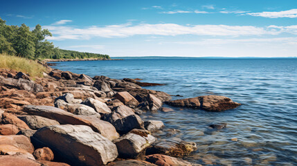 A rocky shore line with a body of water