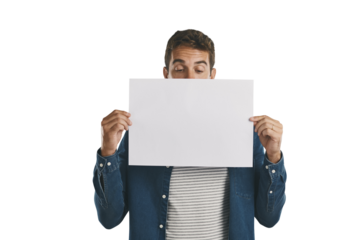 Man, hiding and paper poster for advertising with mock up, marketing space or information for advertisement. Person, billboard promotion and show announcement isolated on png, transparent background