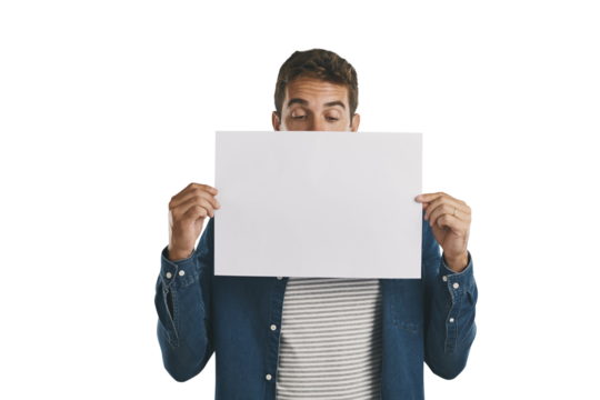 Man, hiding and paper poster for advertising with mock up, marketing space or information for advertisement. Person, billboard promotion and show announcement isolated on png, transparent background