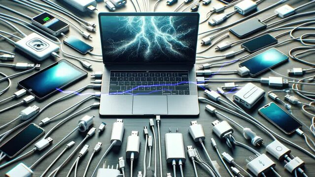 Laptop, phones, and lots of charging cables. Huge energy consumption by consumers. A clear demonstration of excessive energy consumption.