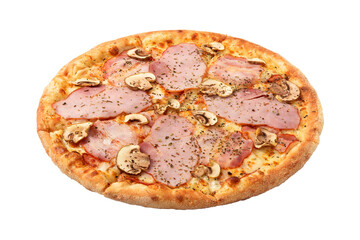 Delicious classic italian Pizza with bacon, mushrooms and cheese mozzarella. Fresh italian classic original pizza isolated on white background.