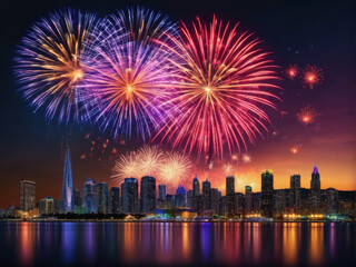Beautiful colorful fireworks in the city at night