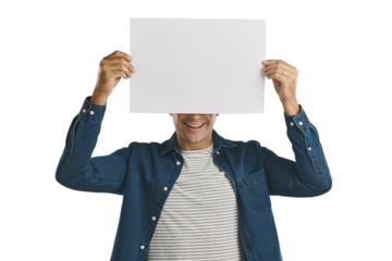 Man, hiding and paper poster for marketing with mock up, advertising space or information for advertisement. Person, billboard promotion and show announcement isolated on png a transparent background