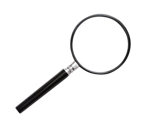 A black and silver magnifying glass lies on a white background.