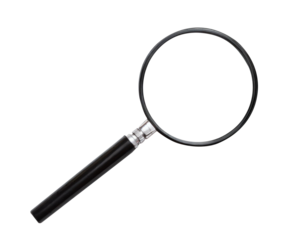A black and silver magnifying glass lies on a white background.