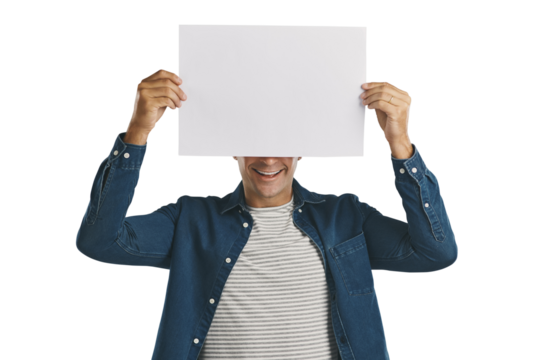 Man, hiding and paper poster for marketing with mock up, advertising space or information for advertisement. Person, billboard promotion and show announcement isolated on png a transparent background - Powered by Adobe