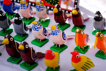 Traditional handmade Colorful toys made from wood, wooden toys, family, selective focus.