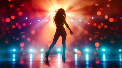 Vibrant Stage Performance by Silhouetted Female Singer Backlit with Dynamic Lighting, Mid-Performance Creating Energetic Spectacle with Reflective Stage Floor and Dramatic Visual Effect