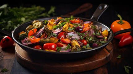 A skillet filled with vegetables.