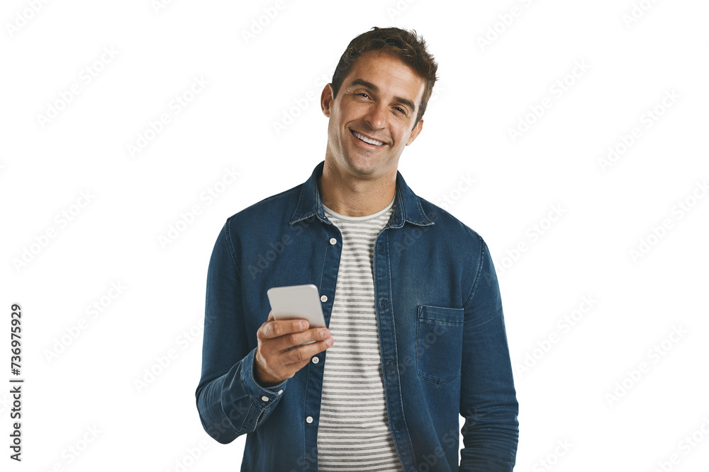 Poster portrait, happy and man with smartphone in background, png and transparent with technology. person, 