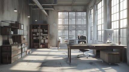 Office interior, loft in industrial style, light gray color. Generative Ai