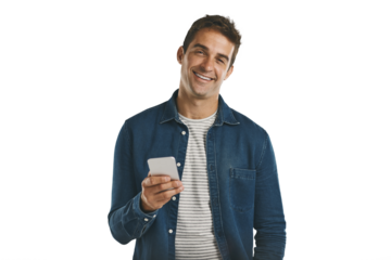 Portrait, happy and man with smartphone in background, png and transparent with technology. Person, isolated and happiness with mobile on hand, relax and online with app for texting and email