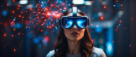 Young ladies donning virtual reality goggles. VR, gadgets, technology, and the future VR headset holographic banner with wireframe and low polygons. Man with a polygonal headgear and virtual reality