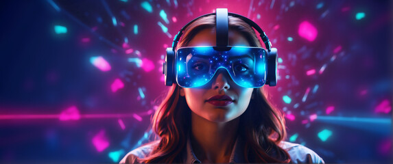 Obraz na płótnie Canvas Excited young woman having virtual reality experience in neon light