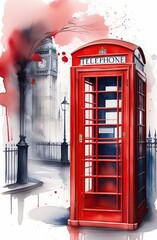 Obraz premium Beautiful watercolor illustration of red London telephone boxes in London, UK.