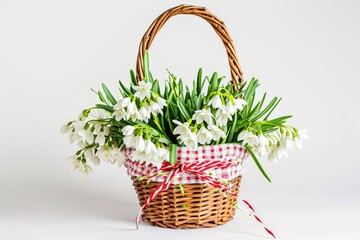 Fototapeta na wymiar Snowdrop bouquet in red and white basket for March celebration.