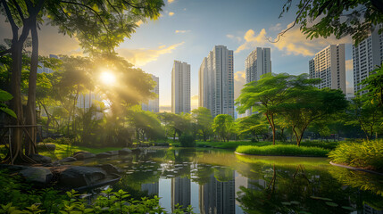 modern skyscrapers, with a view of urban parks, trees, and river reflections. esg concept