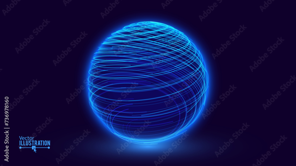 Fototapete Abstract 3D Spheres of Neon Lines Hi-Tech Orb HUD Design Element. Global Network Connection. Abstract Globe Grid. Science and Technology Vector Illustration.