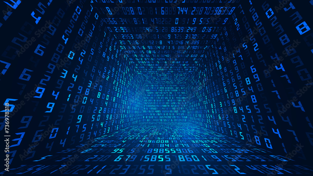 Fototapete Big Data 3D Matrix Numbers. Quantum Computer CPU Core Code Concept Background. 3D Blockchain Cube Blocks Concept. Data Sorting. Artificial Intelligence HUD Design Element. Vector Illustration.