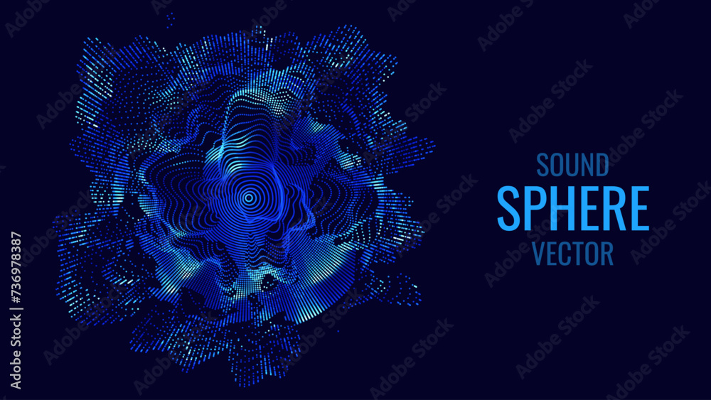 Poster Abstract Colorful Particles Sphere. Vivid Blue Dots Background. Futuristic Style HUD Element. Technology Background for Business Presentations. Corrupted Point Sphere Array. Vector Illustration.