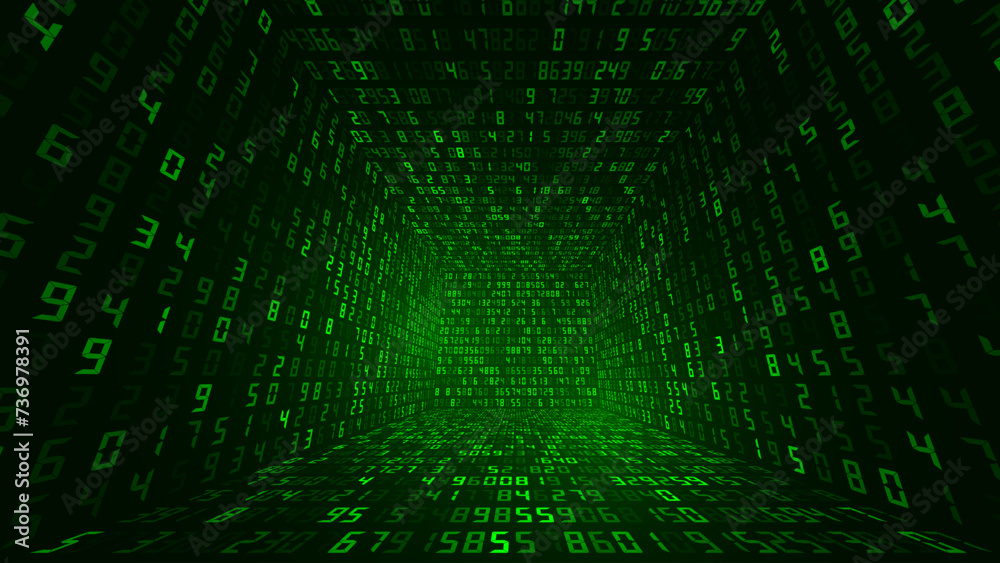 Fototapete Big Data 3D Matrix Digital Numbers. Quantum Computer CPU Core Code Concept Background. 3D Blockchain Cube Blocks Concept. Data Sorting. Artificial Intelligence. Vector Illustration.