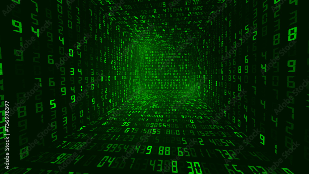 Fototapete Big Data 3D Matrix Digital Numbers. Quantum Computer CPU Core Code Concept Background. 3D Blockchain Cube Blocks Concept. Data Sorting. Artificial Intelligence. Vector Illustration.
