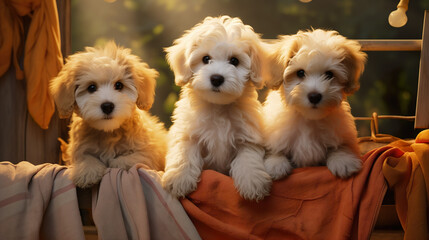Cute puppies cuddling in a small basket - soft fur of small cute dogs | Generative AI