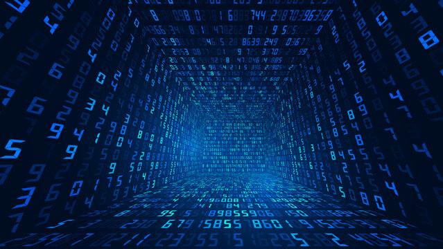 Big Data 3D Matrix Numbers. Quantum Computer CPU Core Code Concept Background. 3D Blockchain Cube Blocks Concept. Data Sorting. Artificial Intelligence HUD Design Element. Vector Illustration.