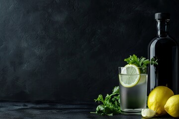 Trendy alcohol drink, gin tonic cocktail with lemon, cilantro and ice on grey background, copy space. Iced drink with lemon and herbs.